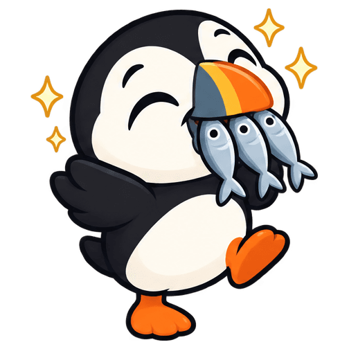 The puffin, beak full of fish: found something